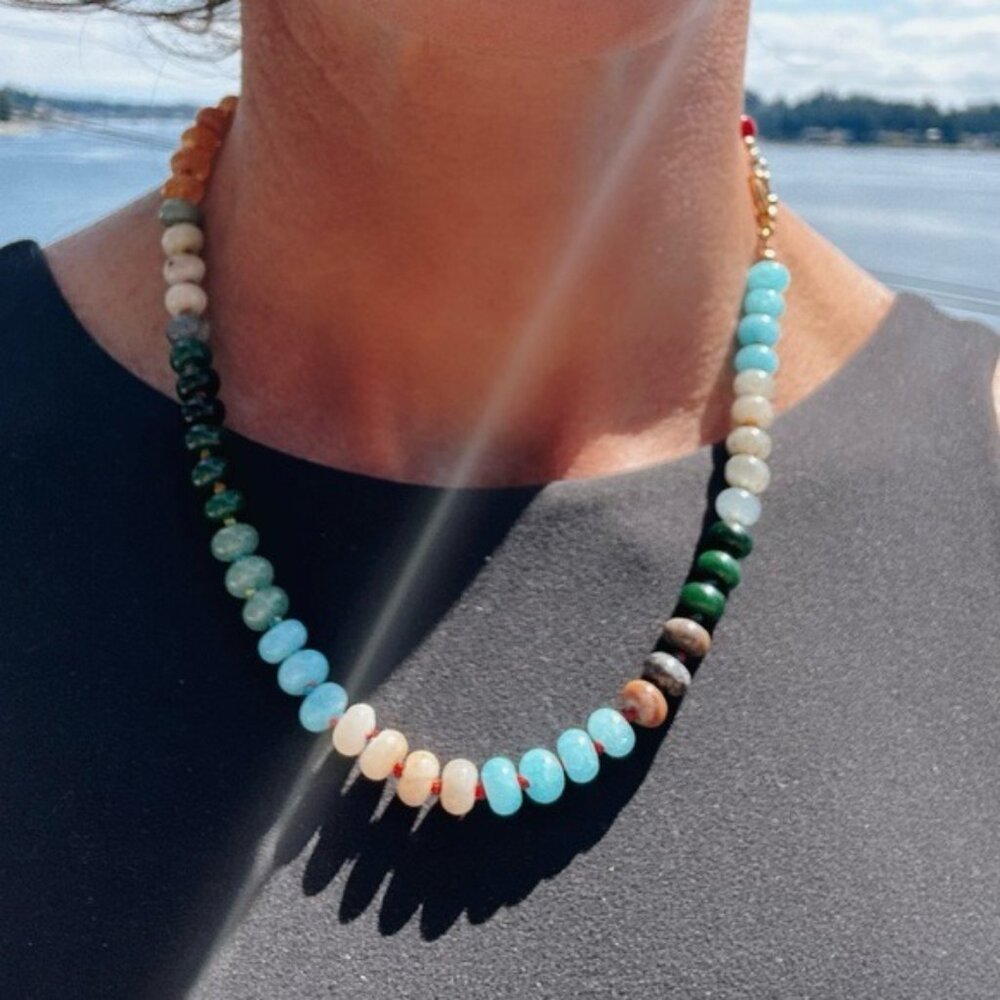 Multi-Color Beaded Necklace - Turquoise & Green Accent